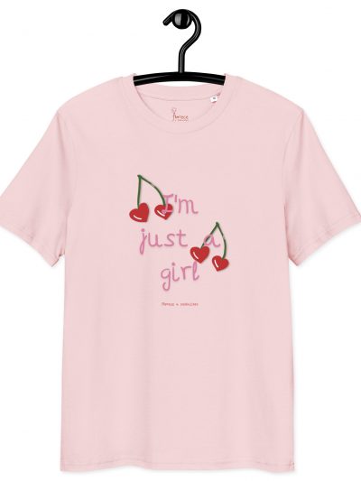 Camiseta algodón orgánico cerezas "I'm just a girl" rosa