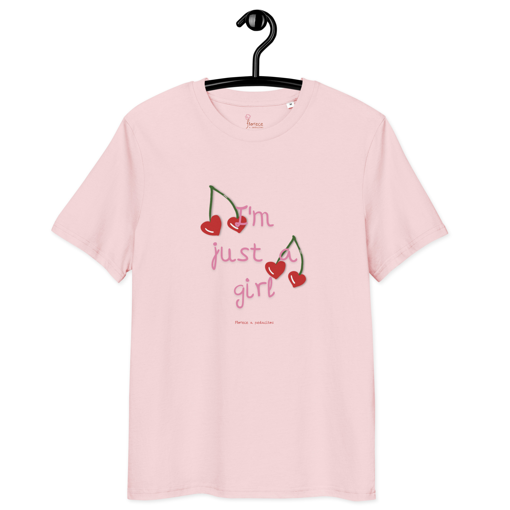 Camiseta algodón orgánico cerezas "I'm just a girl" rosa