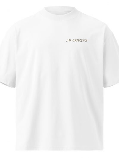 Camiseta oversize orgánica “¿Un cafecito?” para amantes del café blanca frente